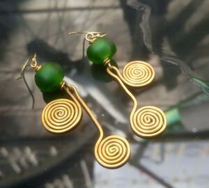 African Bead And Brass Collection (green Recycled Glass And Brass Earrings)