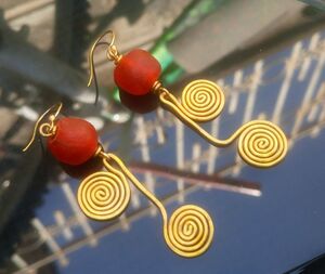 African Bead And Brass Collection (bright Red Recycled Glass And Brass Earrings)