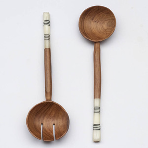 Short Round Serving/salad Set With Bone Handles