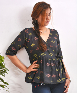 Black Multicolor Juliet Ikkat Handwoven Cotton Peplum Top