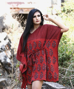 Red Handwoven Cotton Linen Short Handprinted Caftan